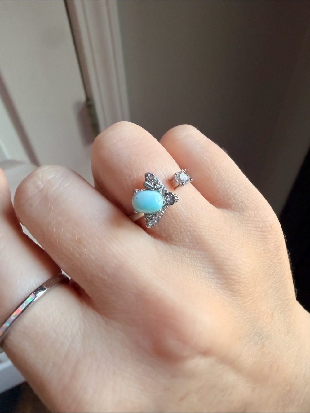 Silver Larimar Ring with dragonfly detail and CZ stone - adjustable